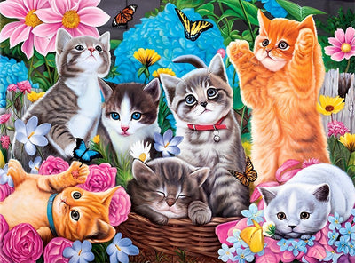 Chatons Jouant dans le Jardin Broderie Diamant