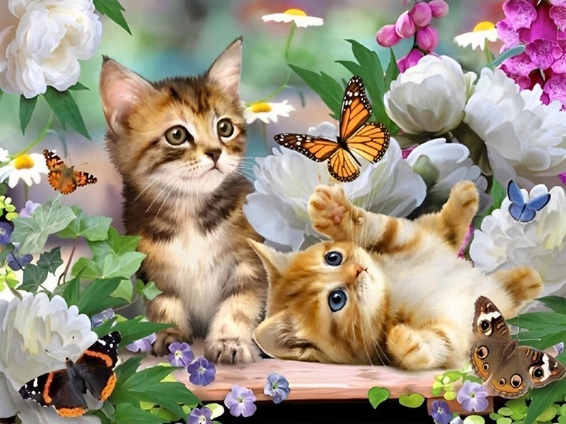 Chatons Jouent avec des Papillons Broderie Diamant
