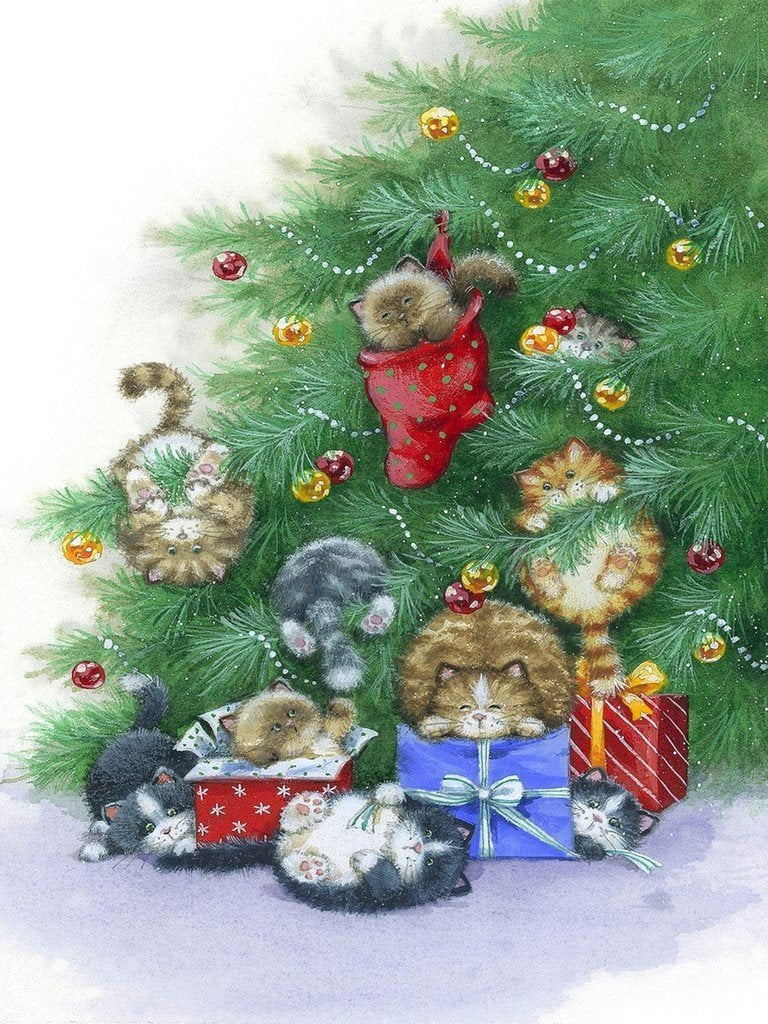 Chatons Suspendus aux Arbres de Noël Broderie Diamant
