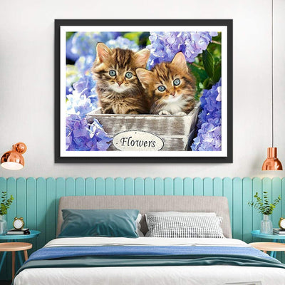 Chatons Tigrés et Hortensia Broderie Diamant