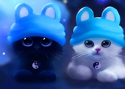 Chatons Yin et Yang avec Jolis Chapeaux Bleus Broderie Diamant