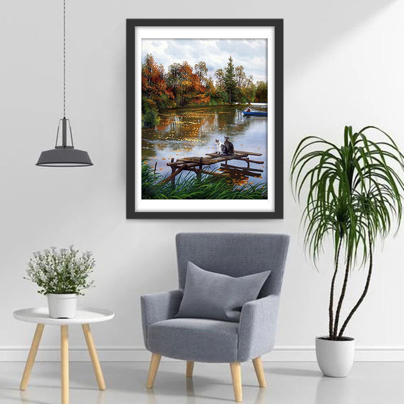 Chats à Quai au Bord du Lac Broderie Diamant