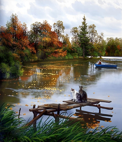 Chats à Quai au Bord du Lac Broderie Diamant