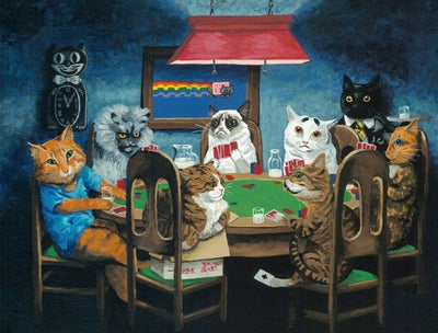 Chats Assis autour de la Table à Jouer aux Cartes Broderie Diamant