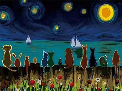 Chats Assis Tranquillement dans La Nuit Etoilée Broderie Diamant