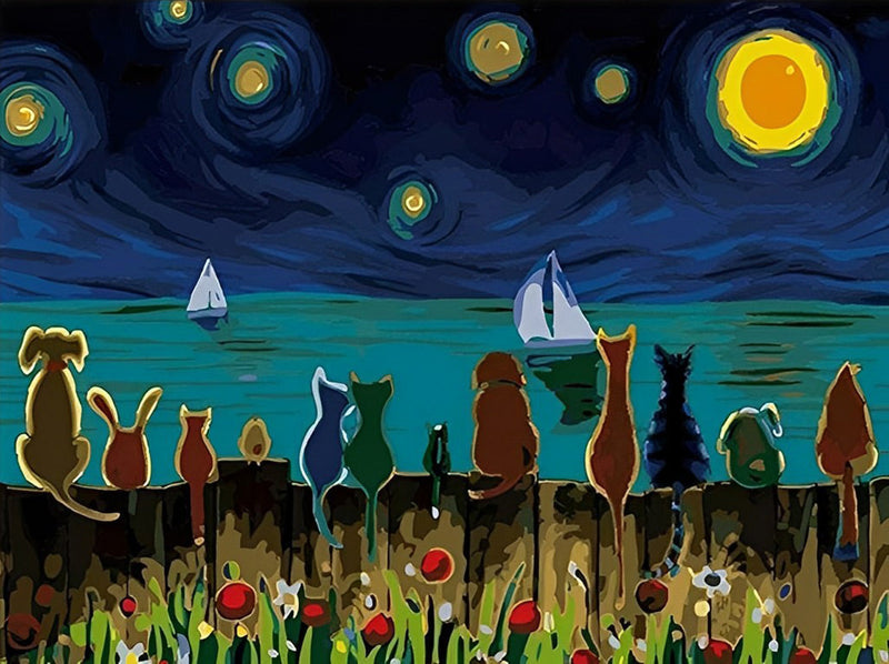 Chats Assis Tranquillement dans La Nuit Etoilée Broderie Diamant