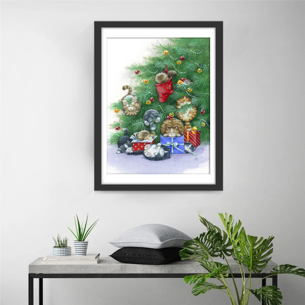 Chats au Bord du Sapin de Noël Broderie Diamant