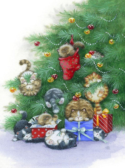 Chats au Bord du Sapin de Noël Broderie Diamant