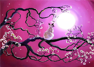 Chat Blanc et Cerisier Rose Broderie Diamant