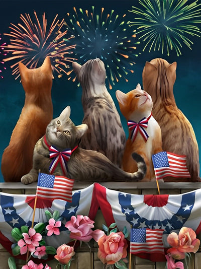 Chats Regardant le Feu d'Artifice Broderie Diamant
