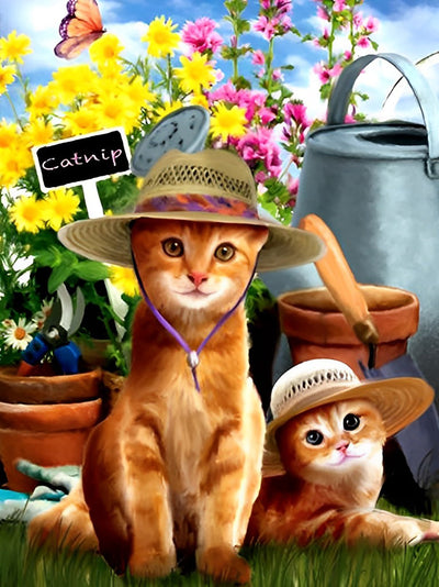 Chats Roux en Chapeau de Paille Broderie Diamant