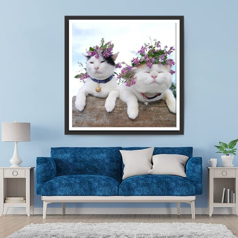 Chats Tricolores Costauds avec Couronnes de Fleurs Broderie Diamant