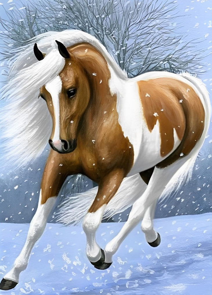 Cheval à la Crinière Blanche et Longue dans la Neige Broderie Diamant
