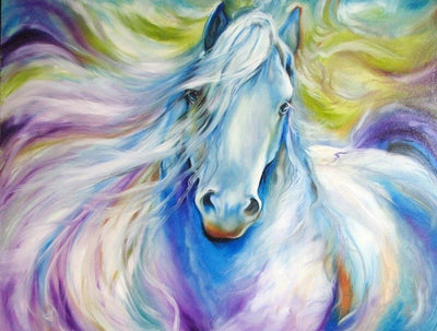 Cheval Blanc à la Crinière en Couleur d'Arc-en-Ciel Broderie Diamant