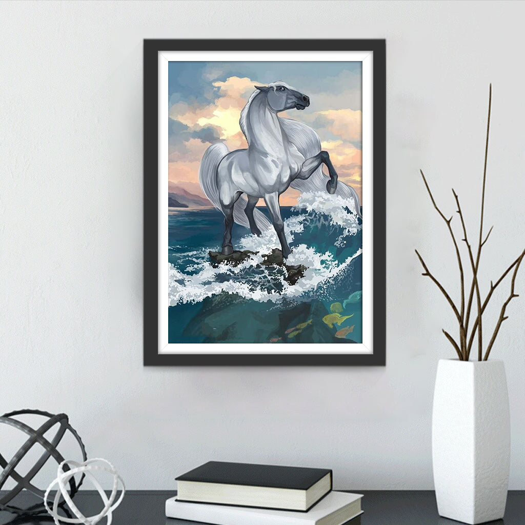 Cheval Blanc à la Crinière Longue Broderie Diamant