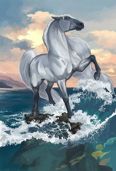 Cheval Blanc à la Crinière Longue Broderie Diamant