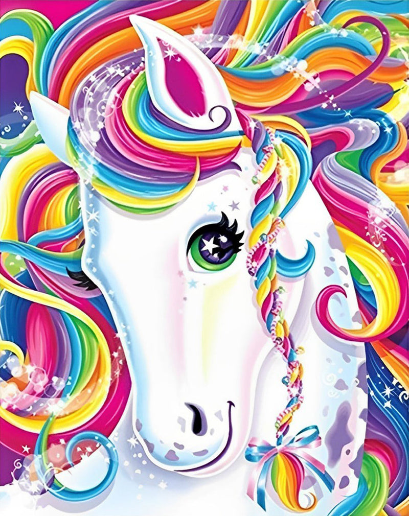 Cheval Blanc à la Crinière Multicolore Broderie Diamant