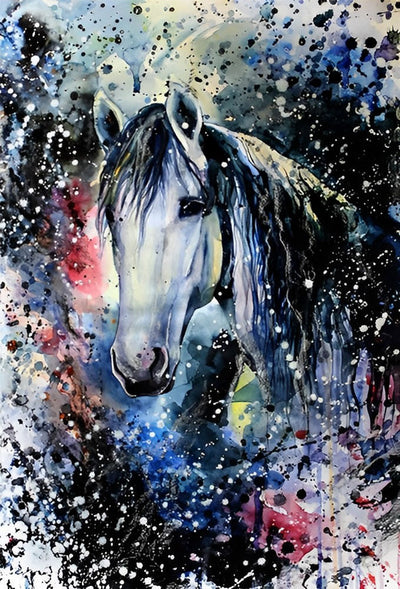 Cheval Blanc à la Crinière Noire Broderie Diamant