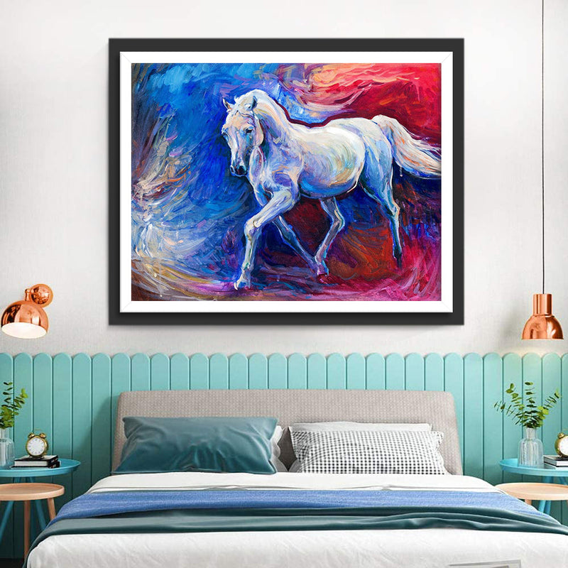 Cheval Blanc avec Décor Bleu et Rouge Broderie Diamant