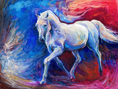 Cheval Blanc avec Décor Bleu et Rouge Broderie Diamant