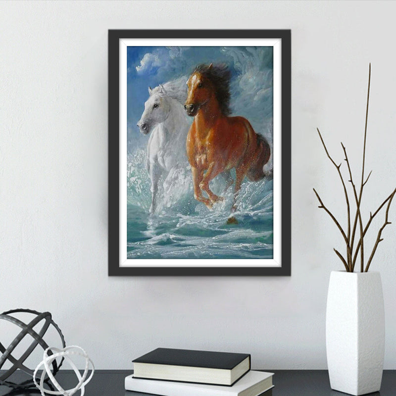 Cheval Blanc et Cheval Brun avec la Mer Broderie Diamant