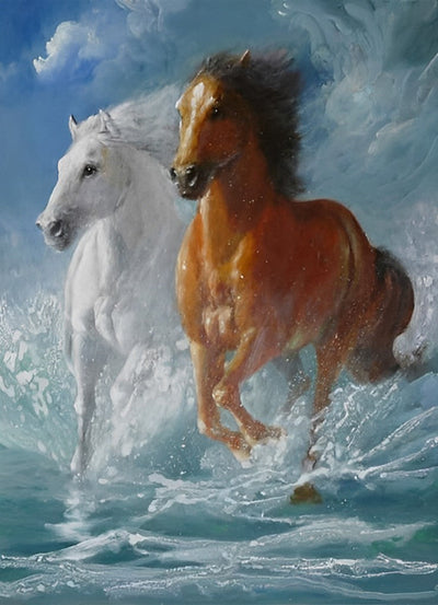 Cheval Blanc et Cheval Brun avec la Mer Broderie Diamant