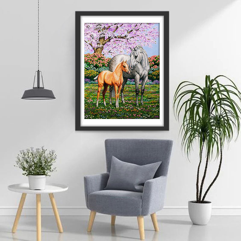 Cheval Blanc et Cheval Orange avec des Fleurs Broderie Diamant