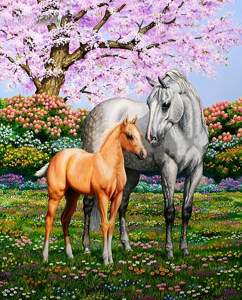 Cheval Blanc et Cheval Orange avec des Fleurs Broderie Diamant