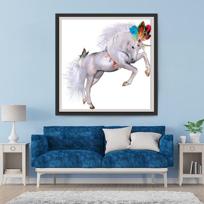Cheval Blanc et des Plumes Colorées Broderie Diamant