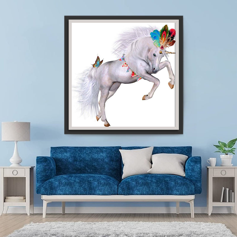 Cheval Blanc et des Plumes Colorées Broderie Diamant