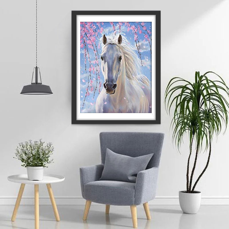 Cheval Blanc et Fleurs Roses Broderie Diamant