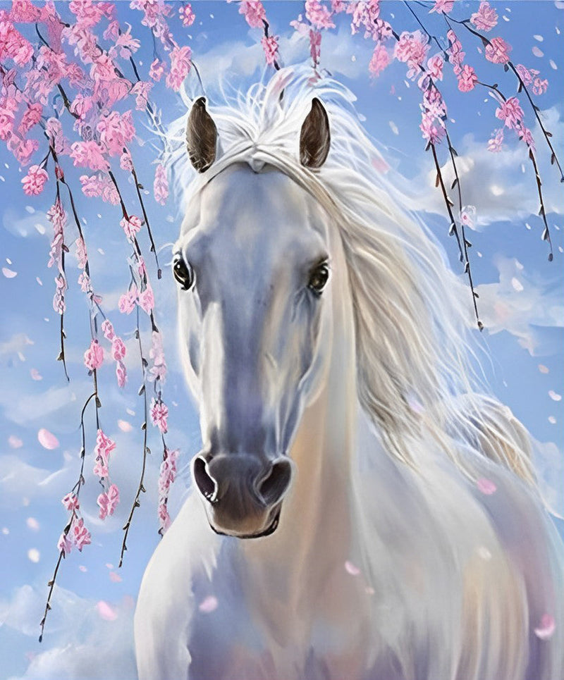 Cheval Blanc et Fleurs Roses Broderie Diamant