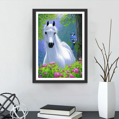 Cheval Blanc et Oiseau Bleu Broderie Diamant