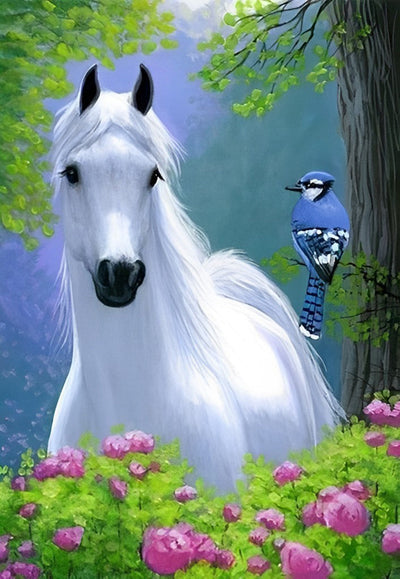 Cheval Blanc et Oiseau Bleu Broderie Diamant