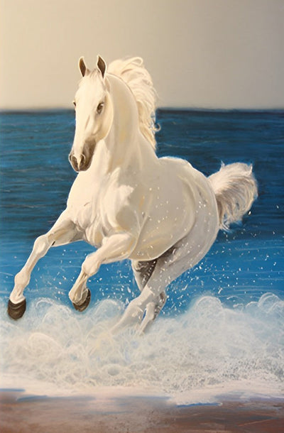 Cheval Blanc Jouant dans la Mer Broderie Diamant