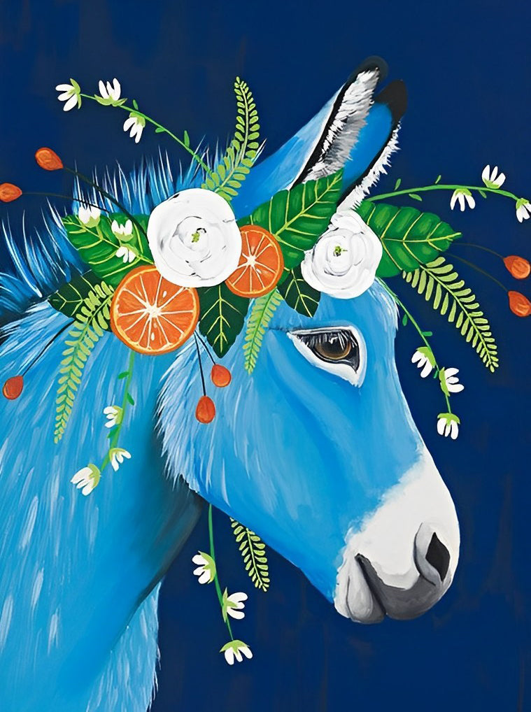 Cheval Bleu et Roses Blanches Broderie Diamant