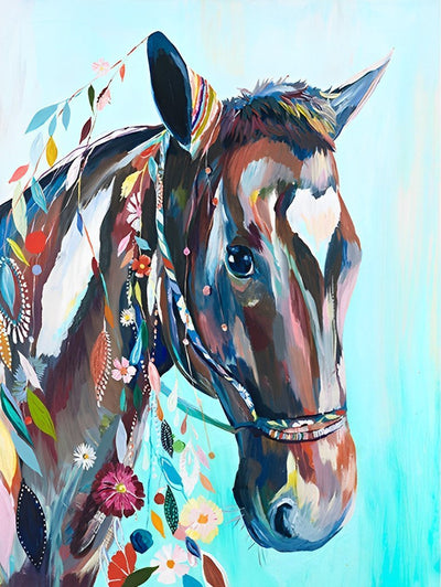 Cheval Brun avec des Taches Colorées Broderie Diamant