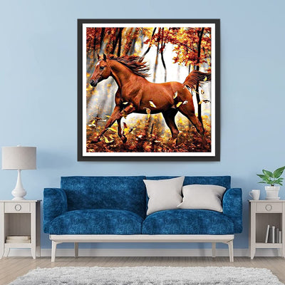 Cheval Brun et Feuilles d'Automne Broderie Diamant
