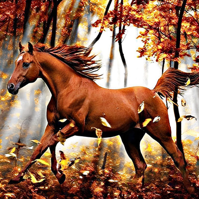 Cheval Brun et Feuilles d'Automne Broderie Diamant