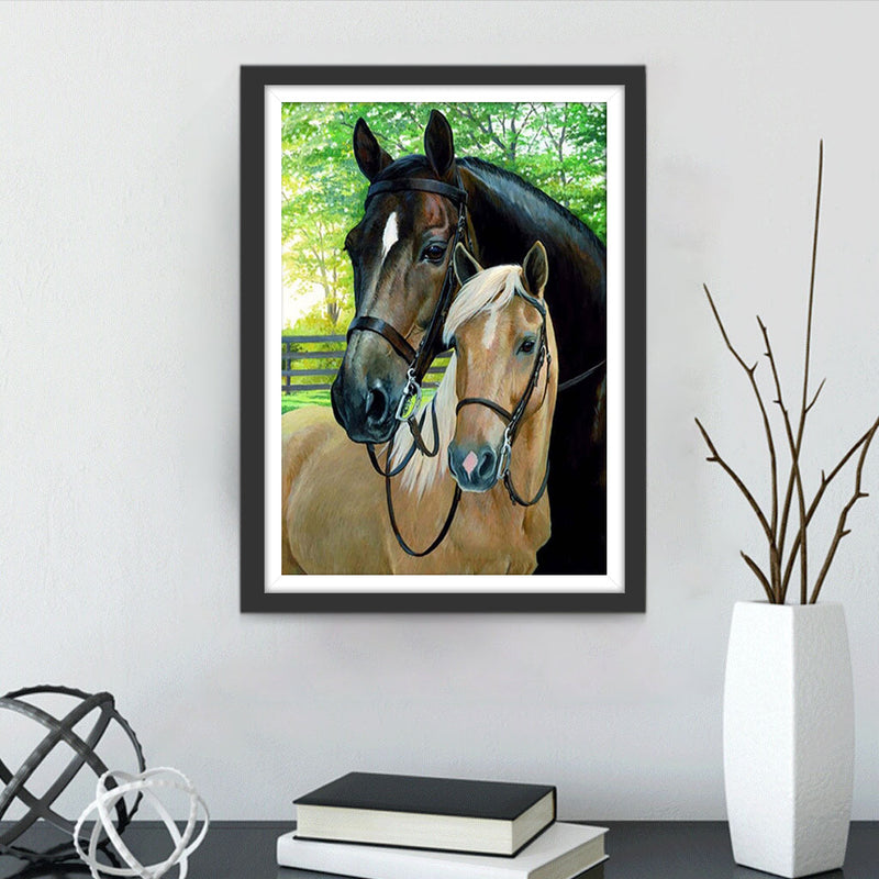 Cheval Brun et Poulain Marron Broderie Diamant