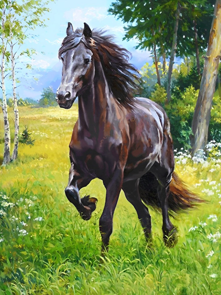 Cheval Brun sur la Pelouse Broderie Diamant
