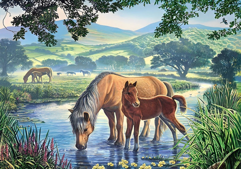 Cheval et Poulain Buvant Broderie Diamant