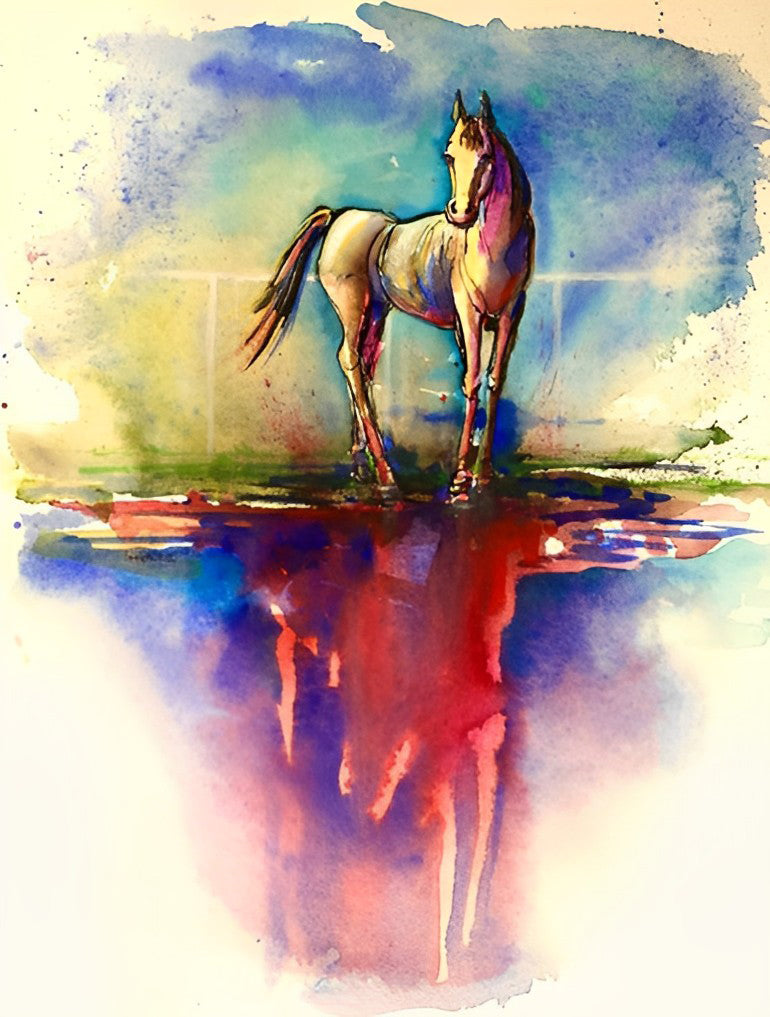 Cheval Fantastique et Son Reflet de l'Eau Broderie Diamant