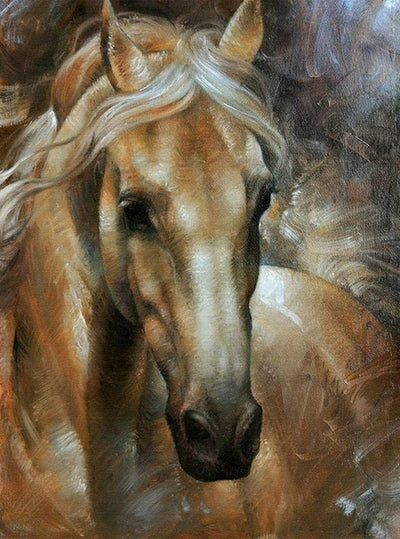 Cheval Marron à la Crinière Blanche Broderie Diamant