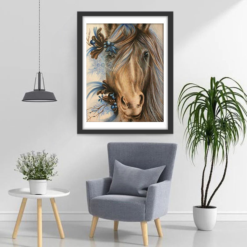 Cheval Marron et des Fleurs Broderie Diamant