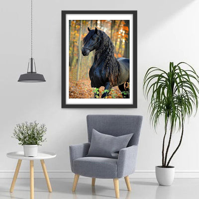 Cheval Noir à la Crinière Tressées Broderie Diamant