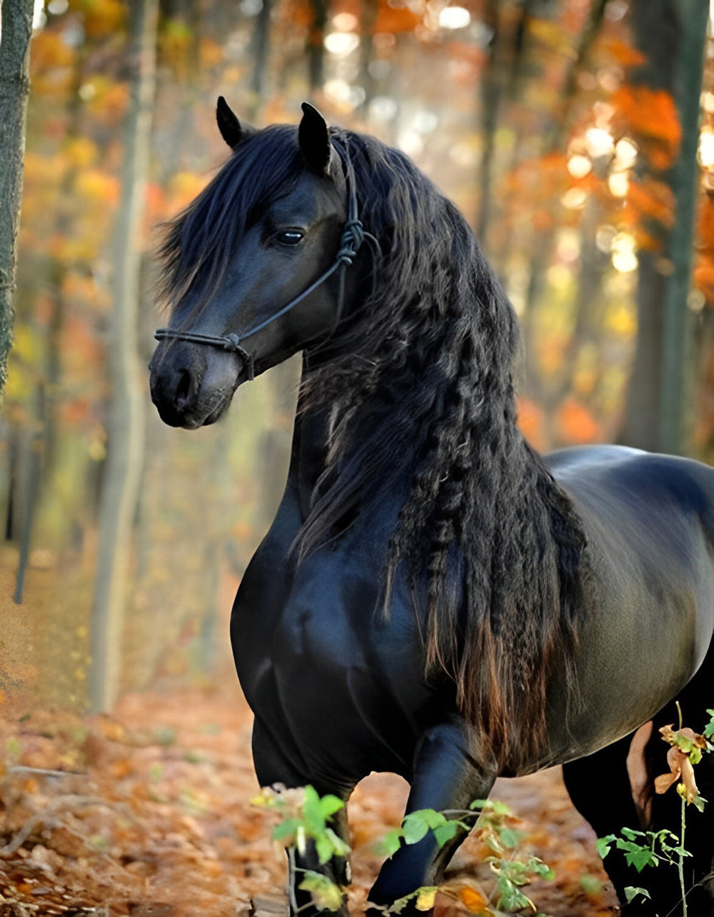 Cheval Noir à la Crinière Tressées Broderie Diamant