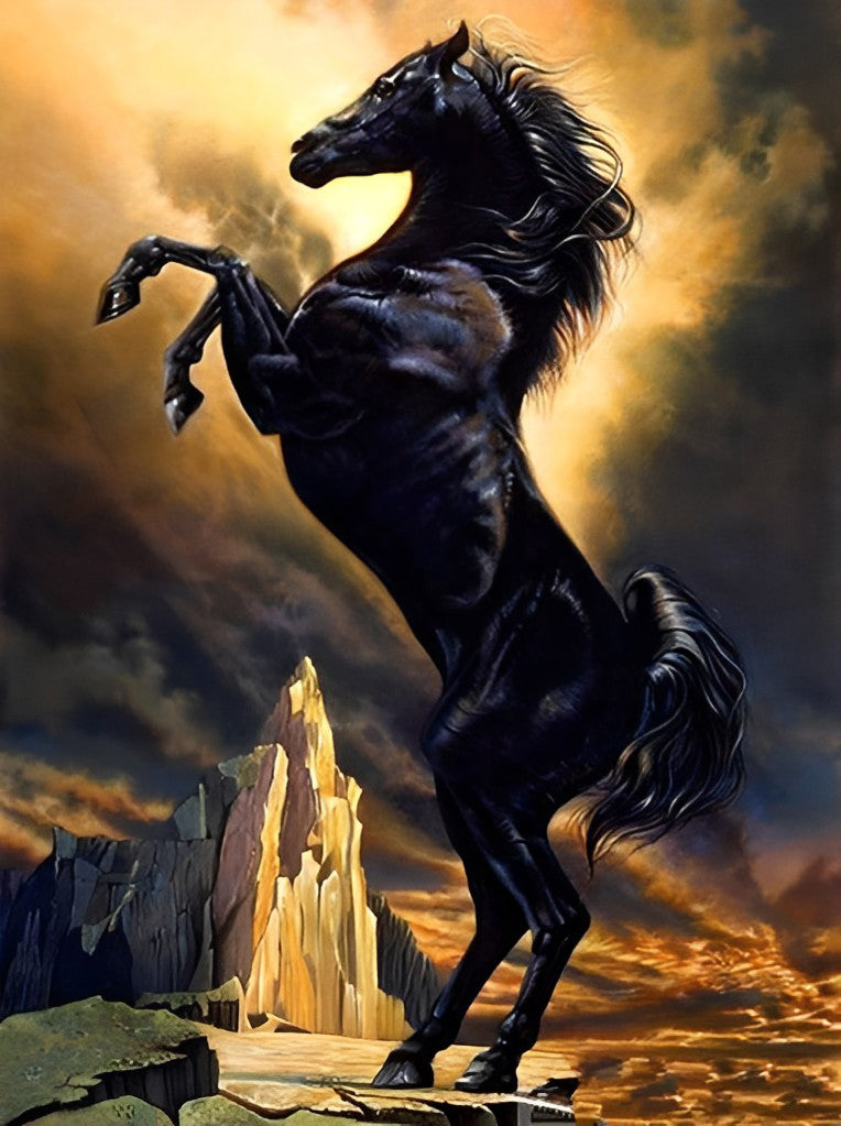 Cheval Noir Debout et Montagnes Broderie Diamant