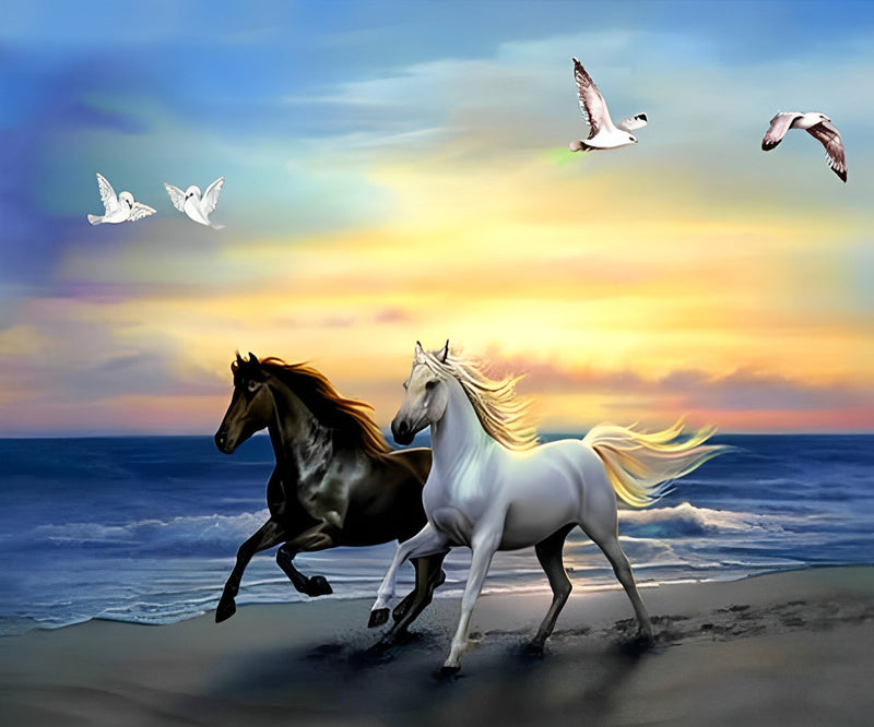 Cheval Noir et Cheval Blanc Courant au Bord de la Mer Broderie Diamant