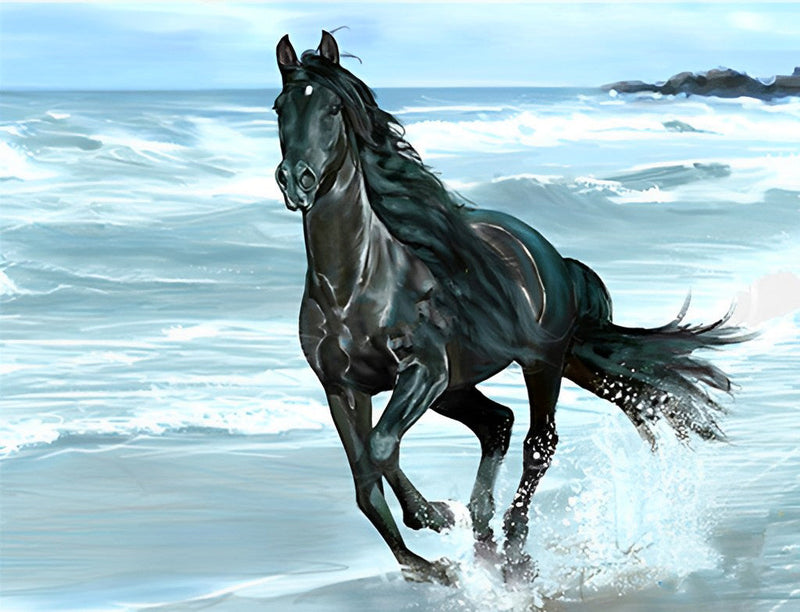 Cheval Noir et la Mer Broderie Diamant